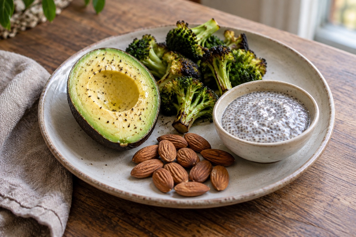 Avocado, broccoli, chia pudding and almonds