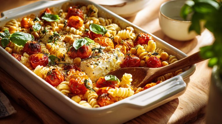 Baked Feta Pasta with Chickpeas (14g Fiber)