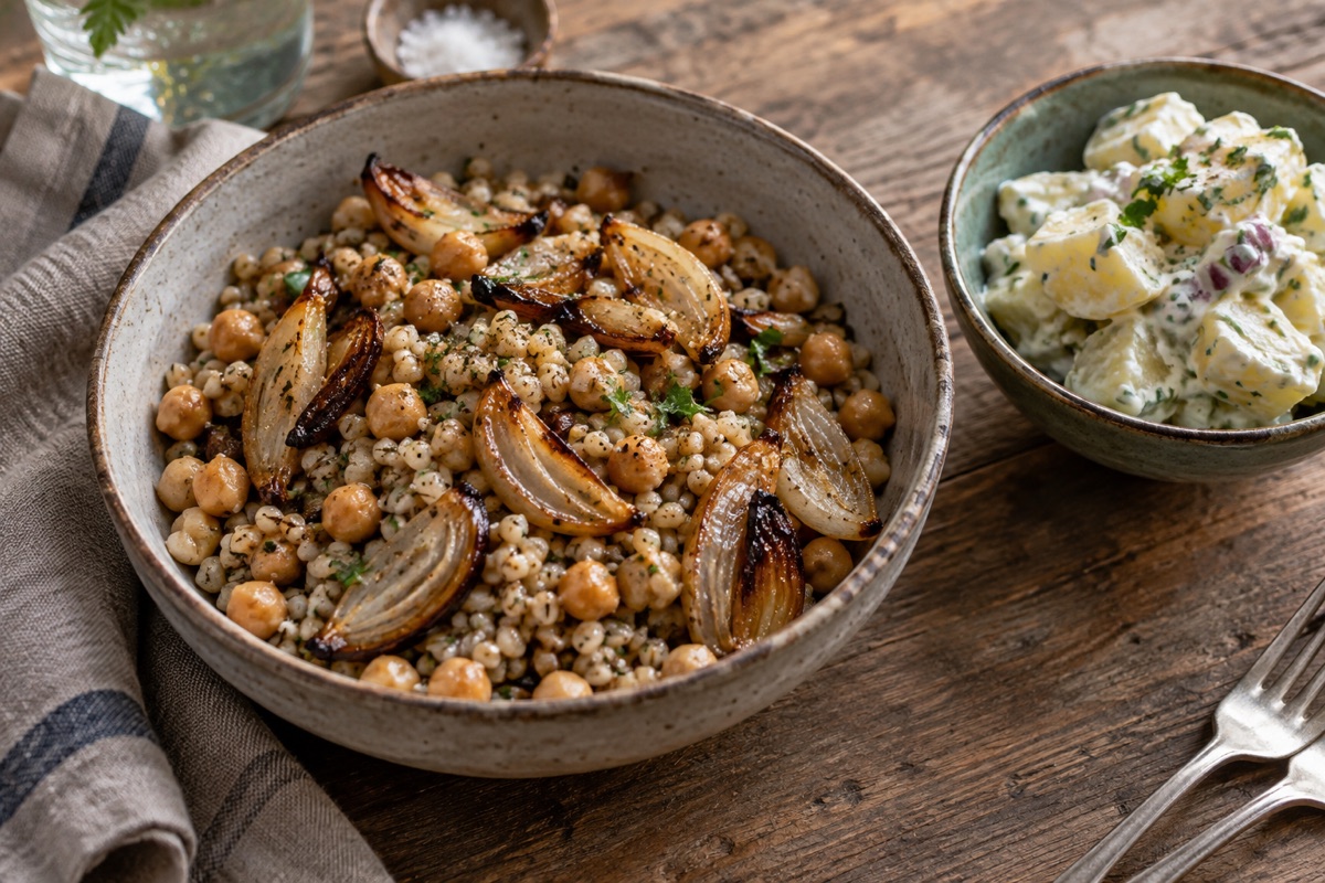 Barley, chickpeas, roasted onions and potato salad