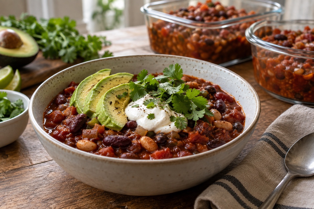 Bean chili topped with avocado and yogurt