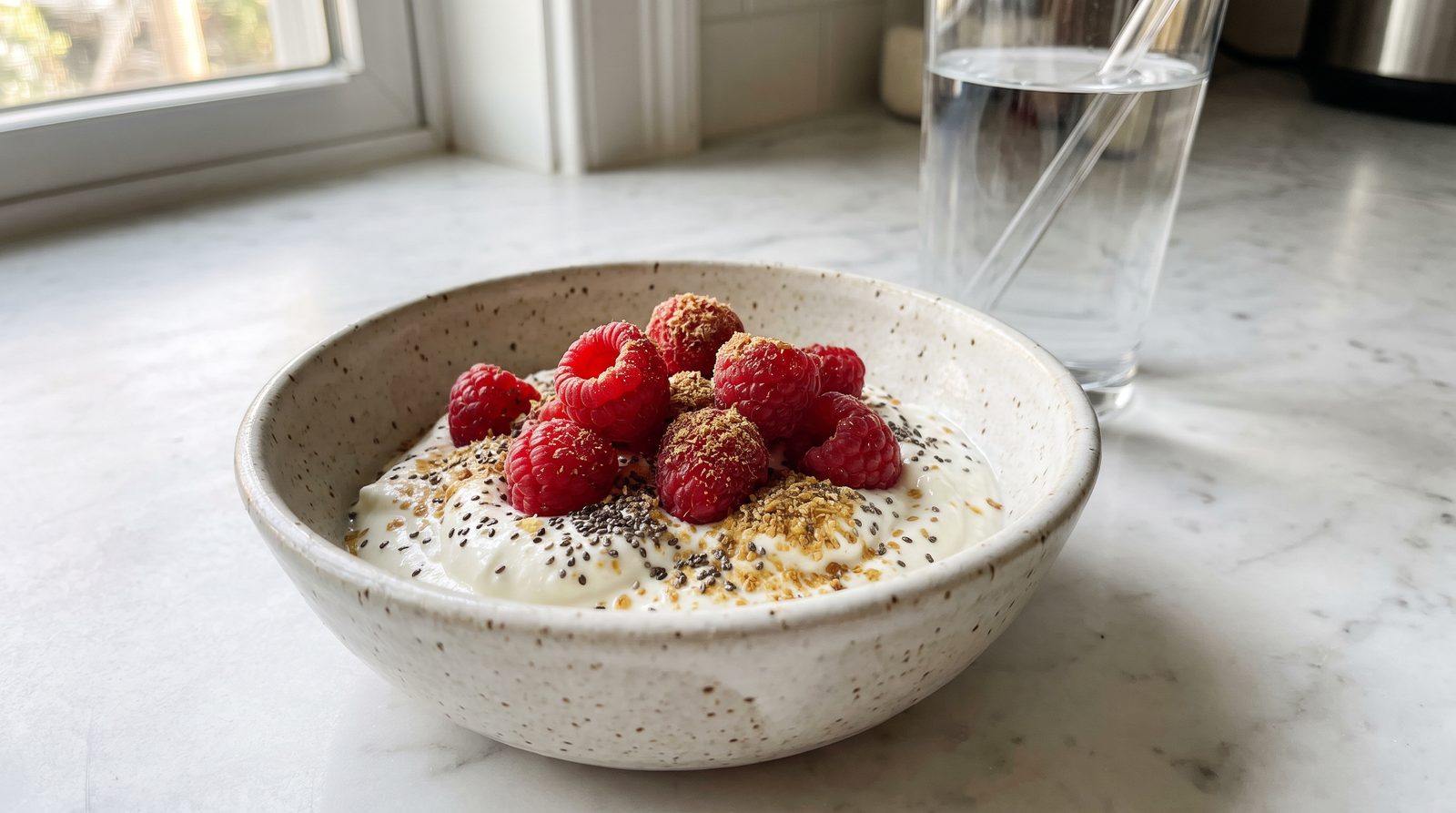 A breakfast bowl of yogurt topped with raspberries, chia seeds and ground flaxseed beside a glass of water