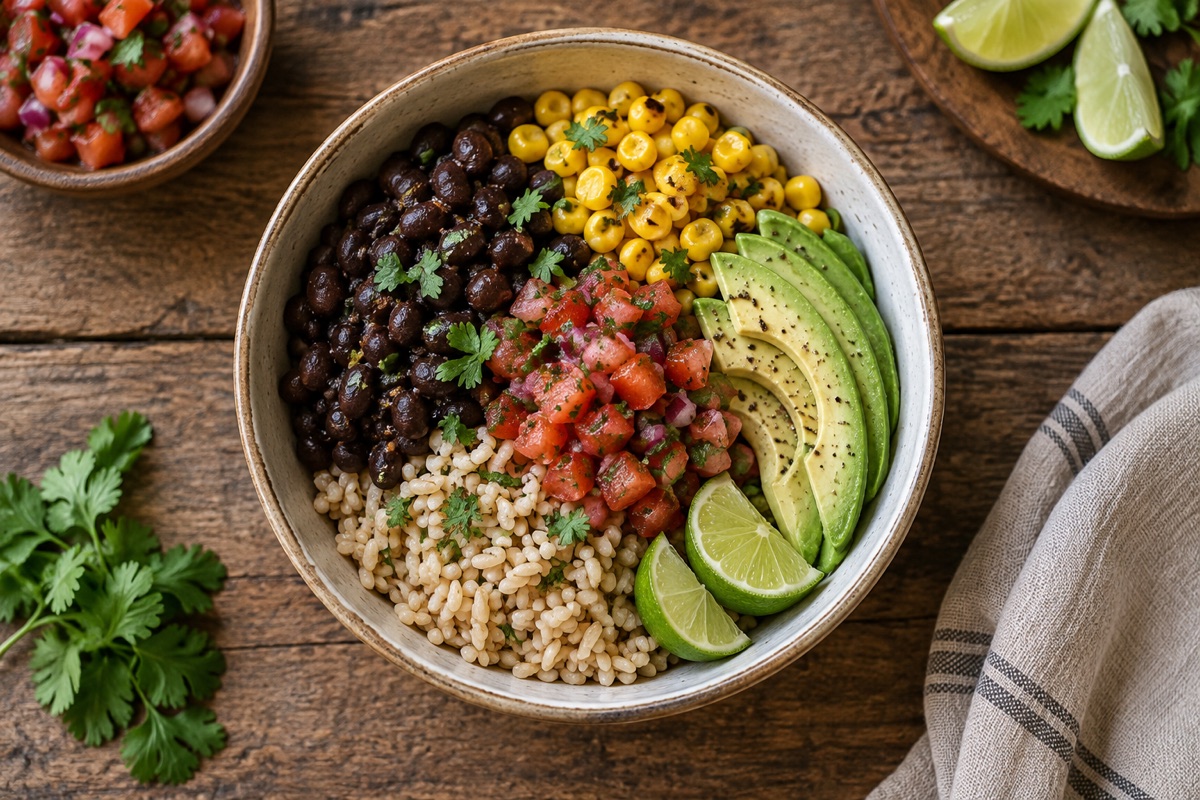 Black bean burrito bowl with avocado and corn