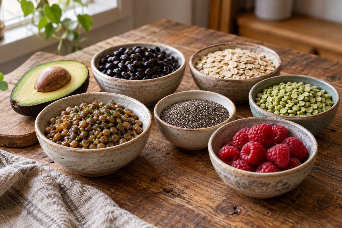 Bowls of lentils, black beans, chia seeds, raspberries, oats and avocado