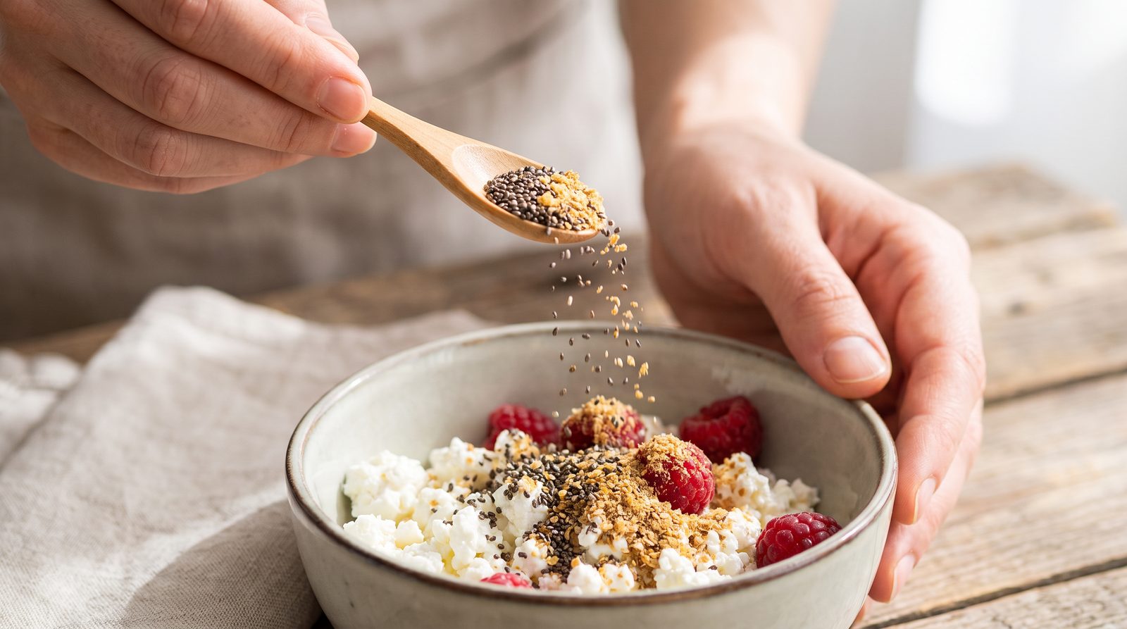 Chia seeds and ground flaxseed being sprinkled over a bowl of cottage cheese with raspberries