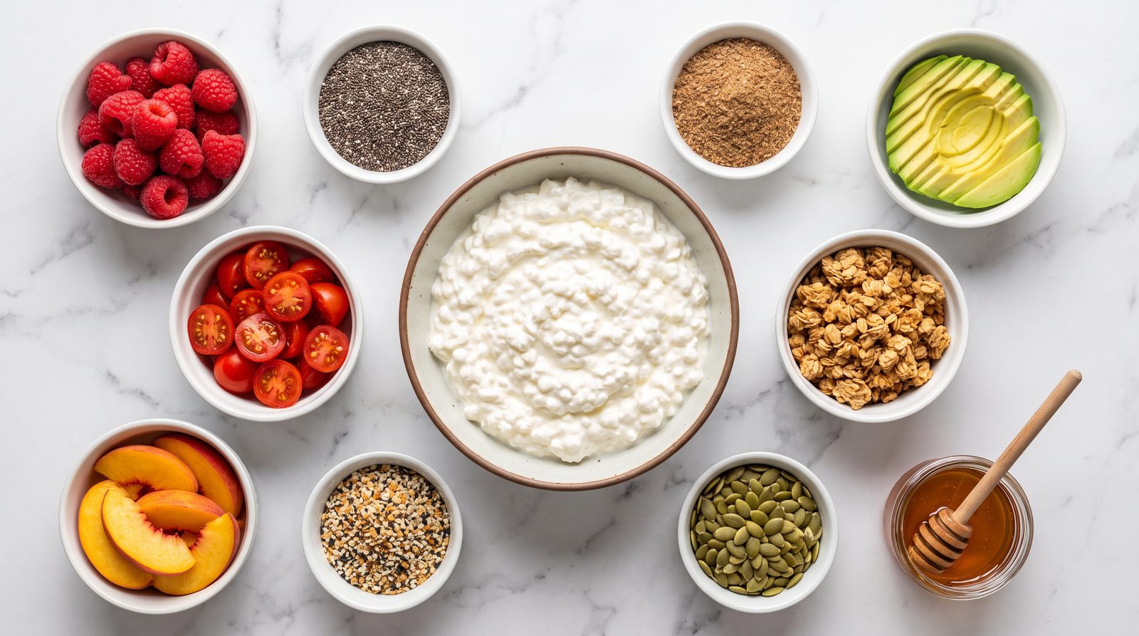 Cottage cheese surrounded by small bowls of toppings: raspberries, chia seeds, flaxseed, avocado, tomatoes, granola and pumpkin seeds