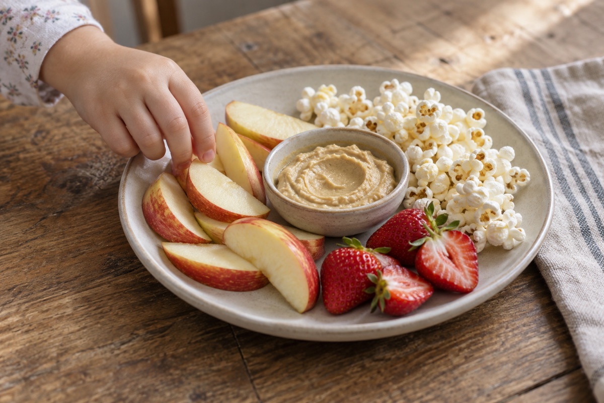 Child's snack plate with apple slices, hummus and popcorn