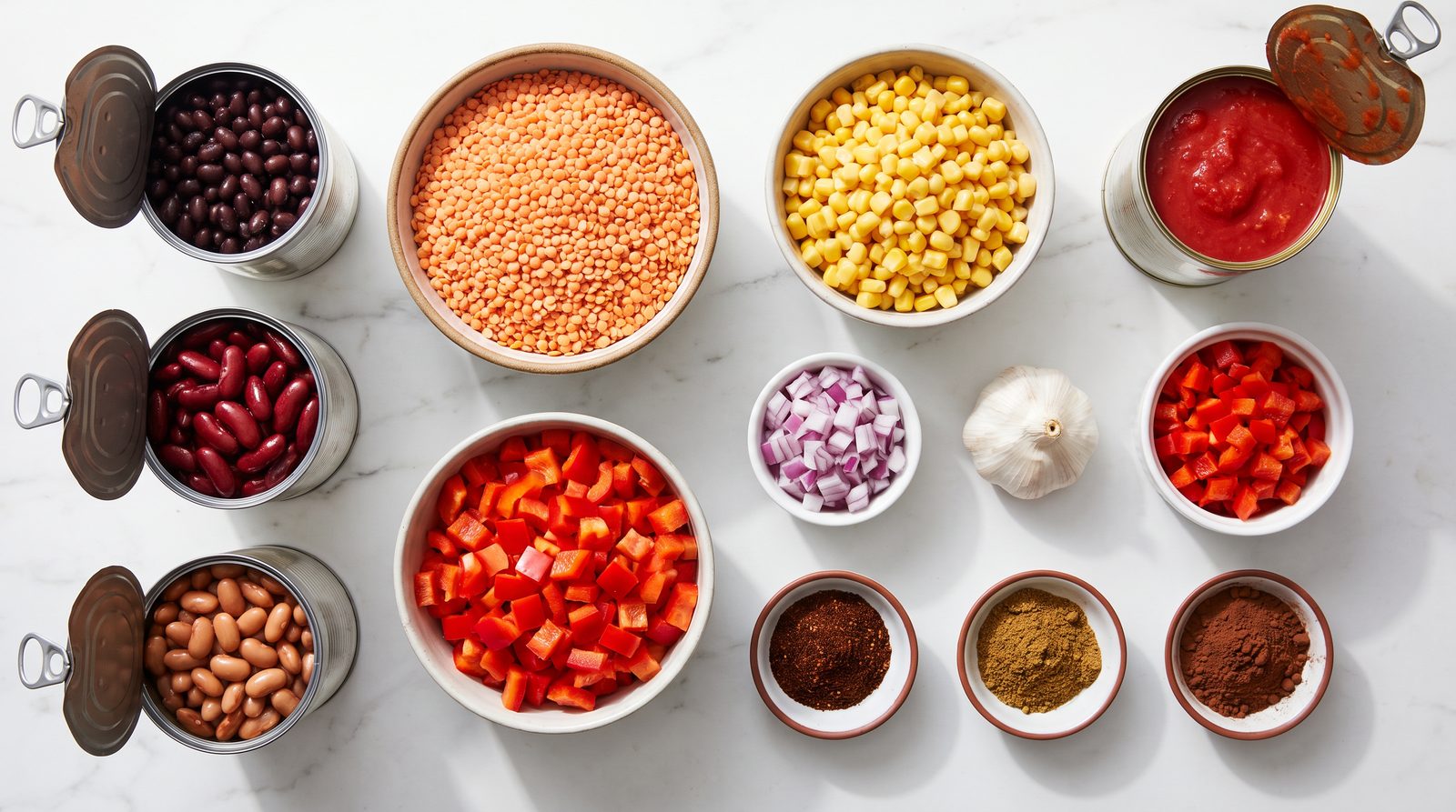 Ingredients for high fiber chili: black beans, kidney beans, pinto beans, red lentils, corn, tomatoes, peppers and spices