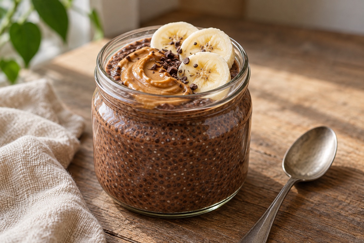 Chocolate peanut butter chia pudding in a jar