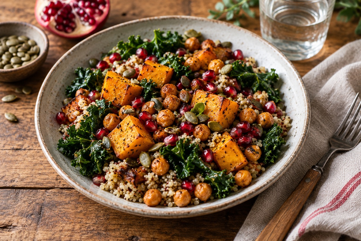 Colourful plate of squash, chickpeas, kale, quinoa and seeds