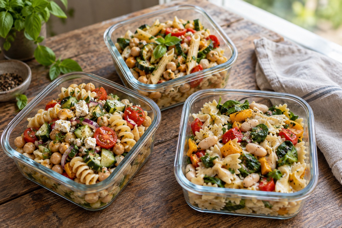 Containers of pasta salad variations
