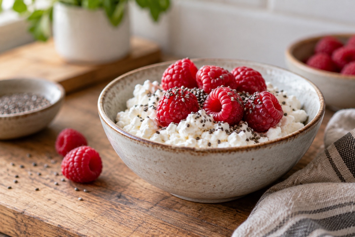 Cottage cheese with raspberries and chia seeds