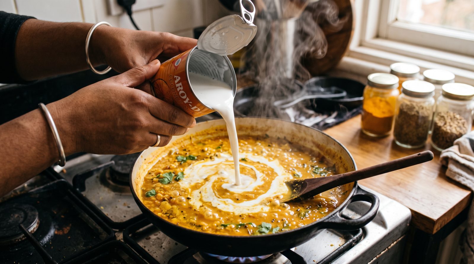 Coconut milk being poured into golden red lentil dal