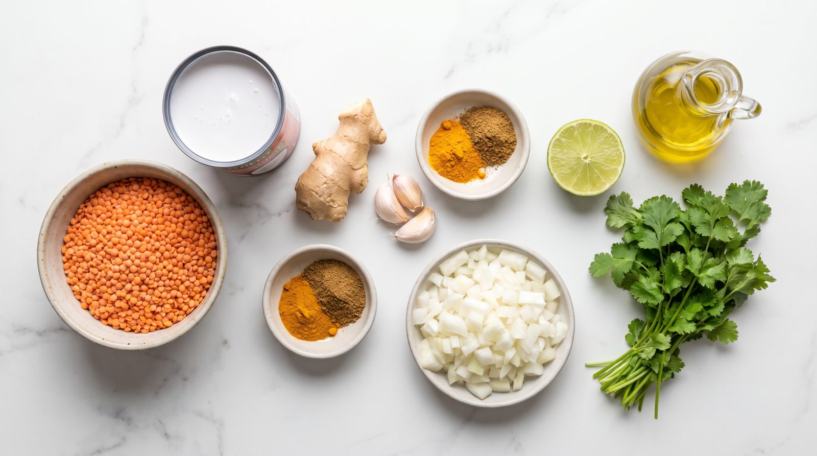 Ingredients for red lentil dal: red lentils, coconut milk, ginger, garlic, curry spices, onion and lime