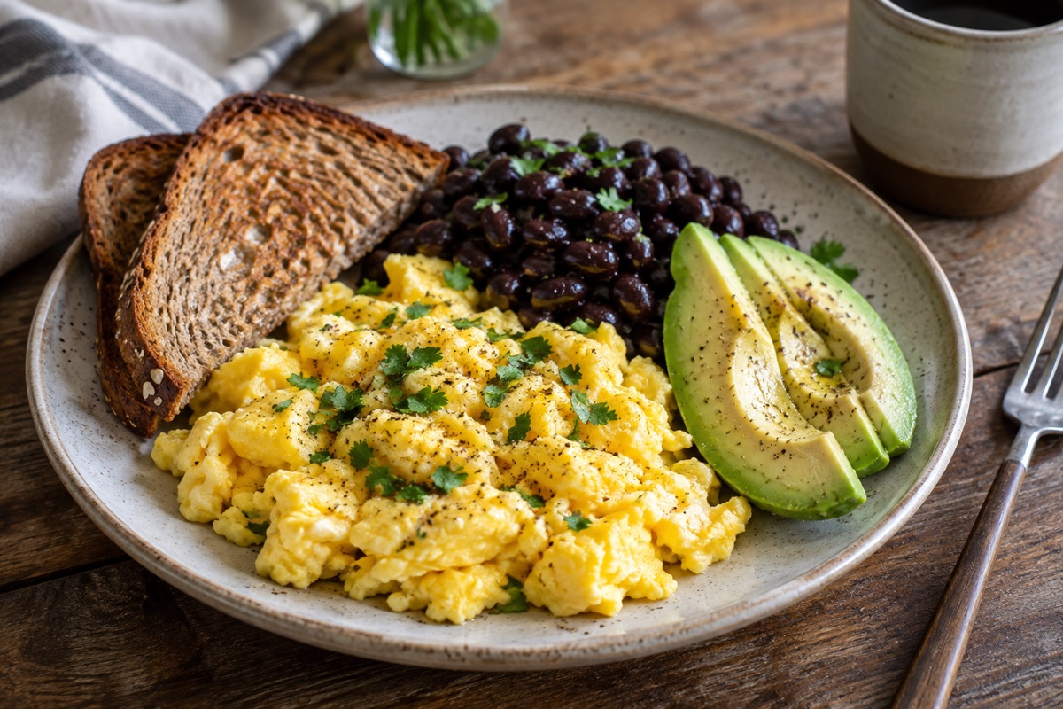 Eggs, black beans, avocado and whole-grain toast