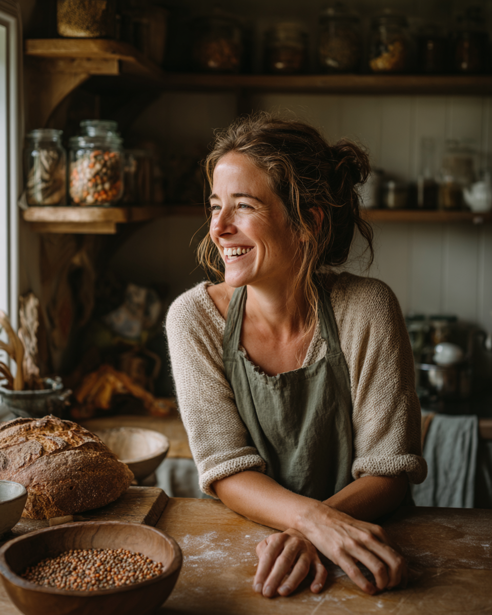 Emma Hartwell, founder of Fiber & Fork, laughing in her farmhouse kitchen beside a loaf of bread and a bowl of lentils