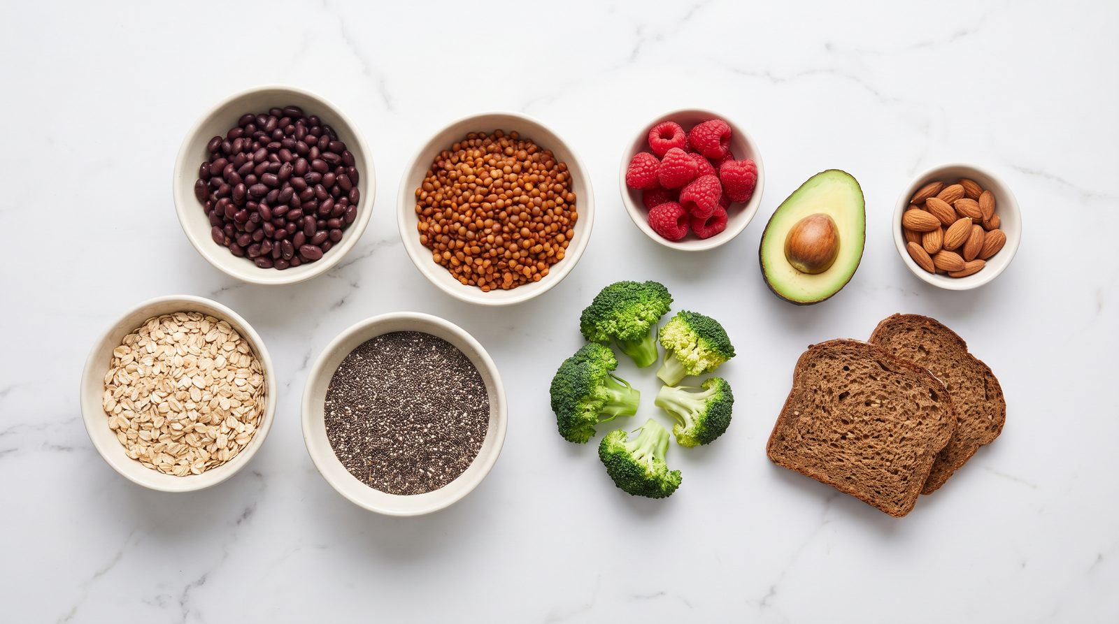 An overhead spread of high fiber foods: beans, lentils, chia seeds, raspberries, avocado, oats, broccoli and wholemeal bread