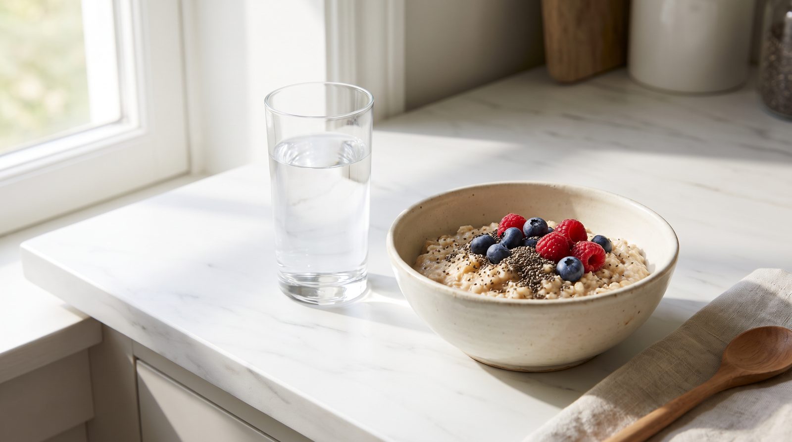 A glass of water beside a bowl of oats topped with chia seeds and berries