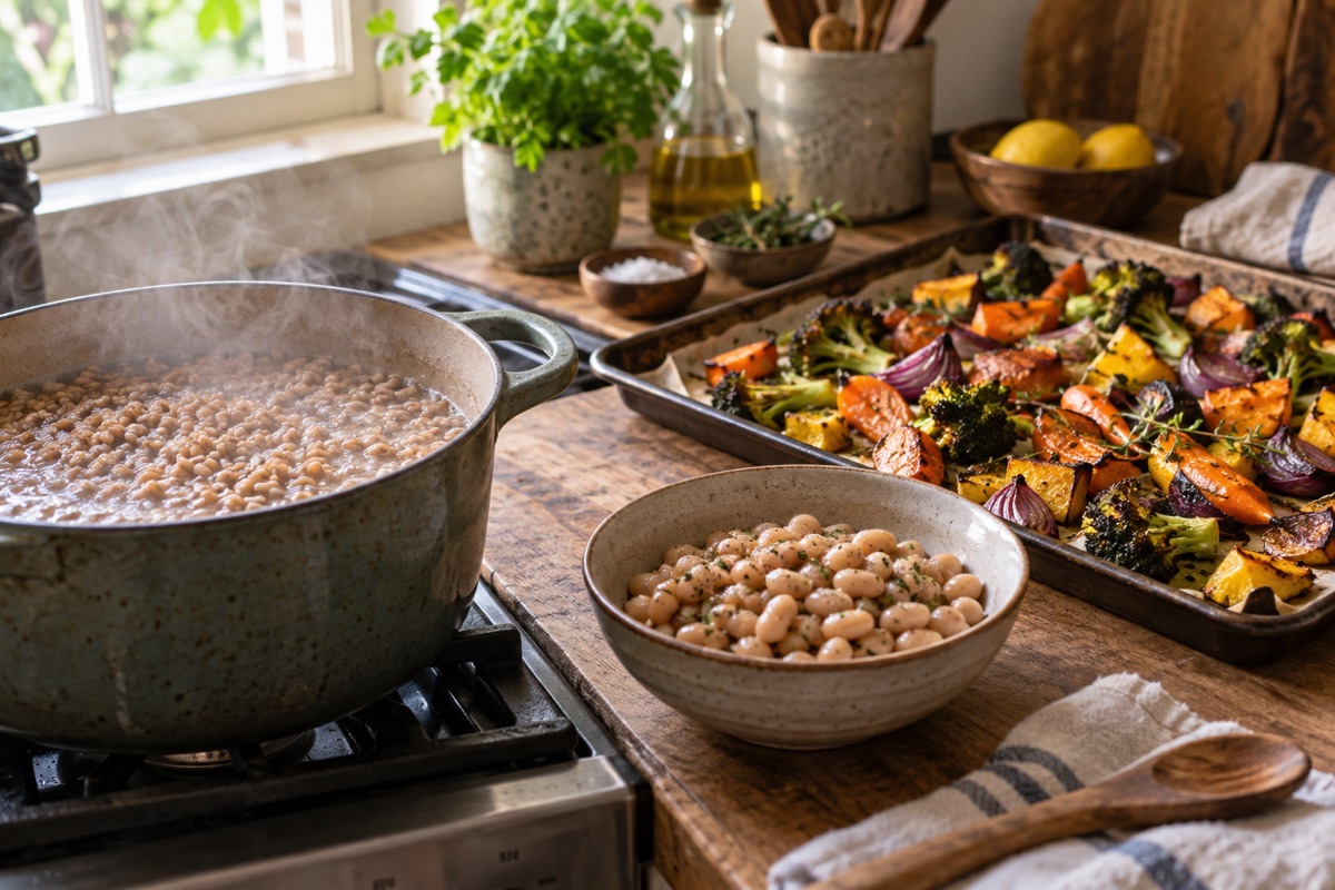 Farro cooking, roasted vegetables and cooked beans