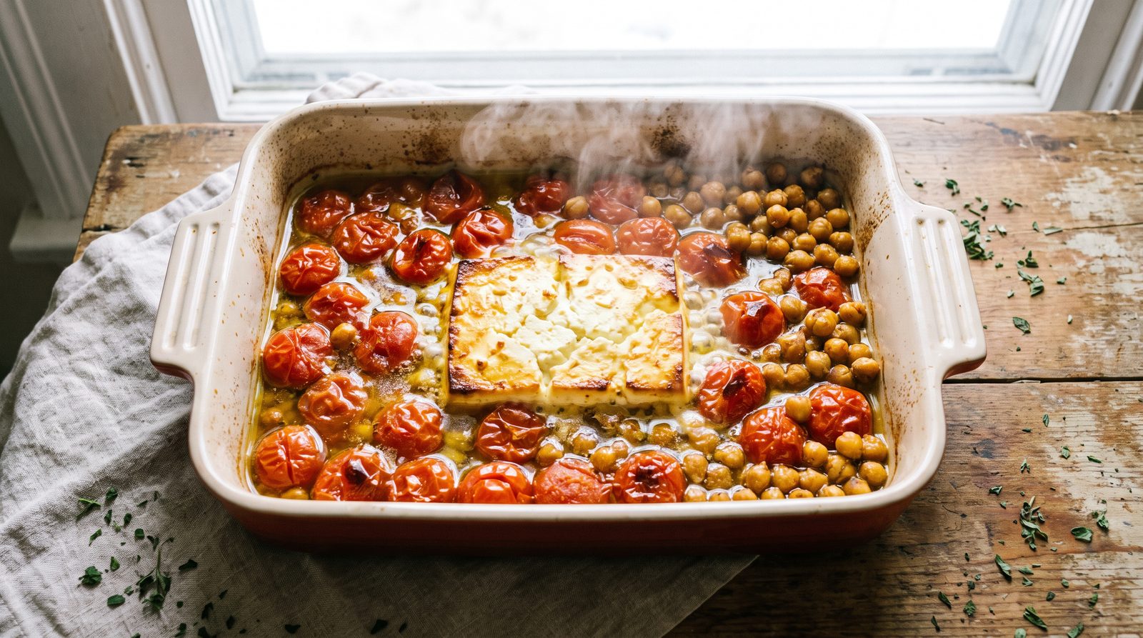Baked feta pasta dish fresh from the oven with burst tomatoes and golden feta