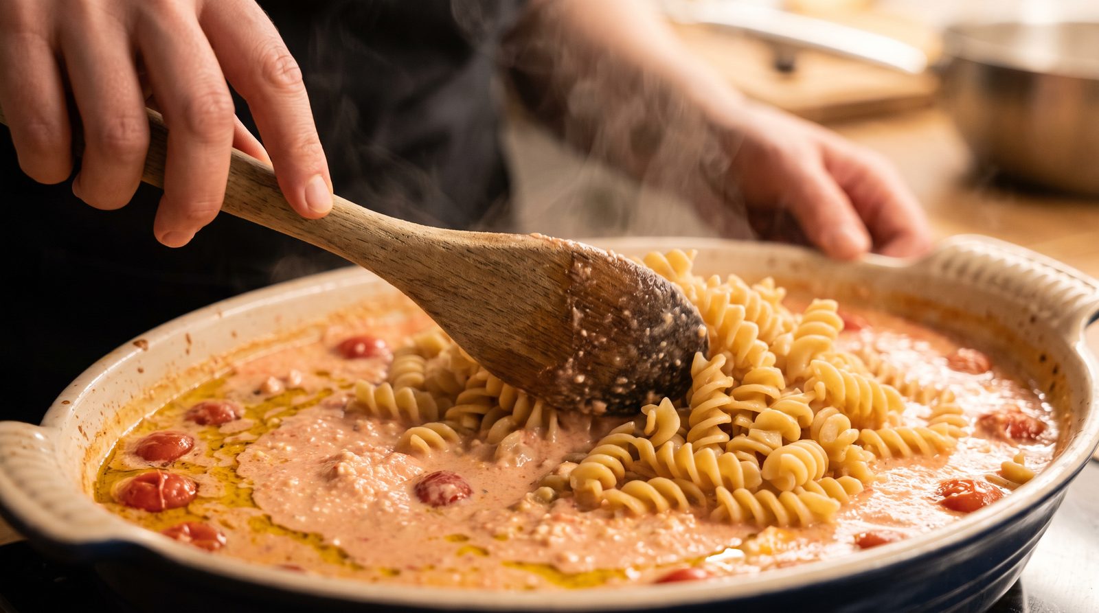 Chickpea pasta being tossed into mashed roasted feta and burst tomato sauce