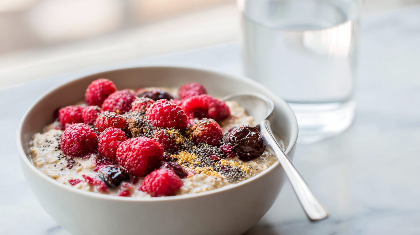 A bowl of oat porridge topped with raspberries, chia seeds, chopped prunes and ground flaxseed, beside a tall full glass of water