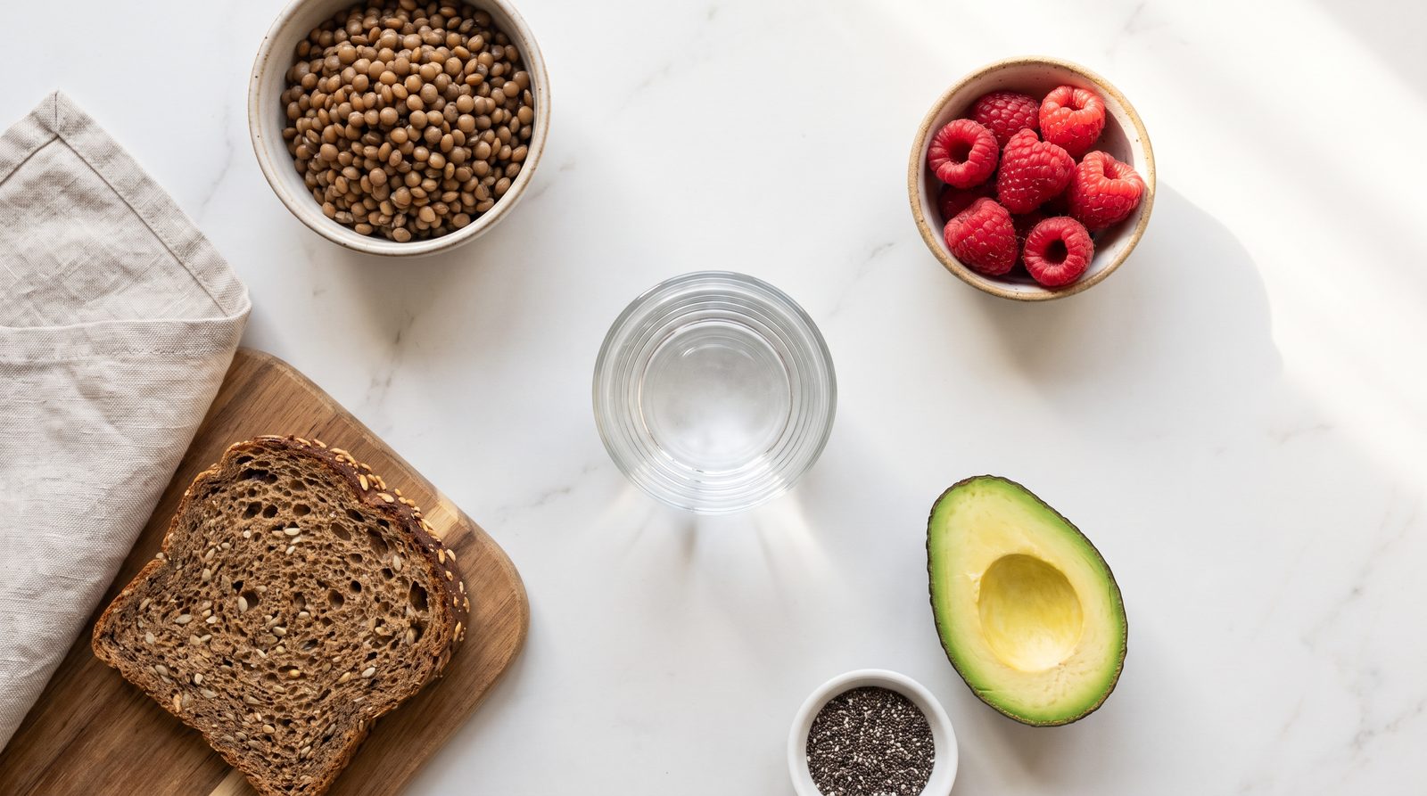 Modest portions of lentils, raspberries, wholegrain bread and avocado around a full glass of water, illustrating a gradual increase in fiber