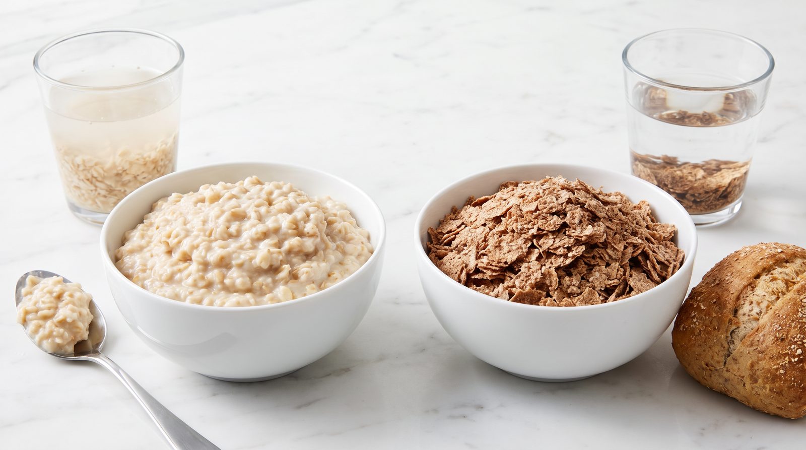 Oat porridge beside a bowl of wheat bran flakes, with one glass of gelled oats and one glass of clear water with bran settled at the bottom