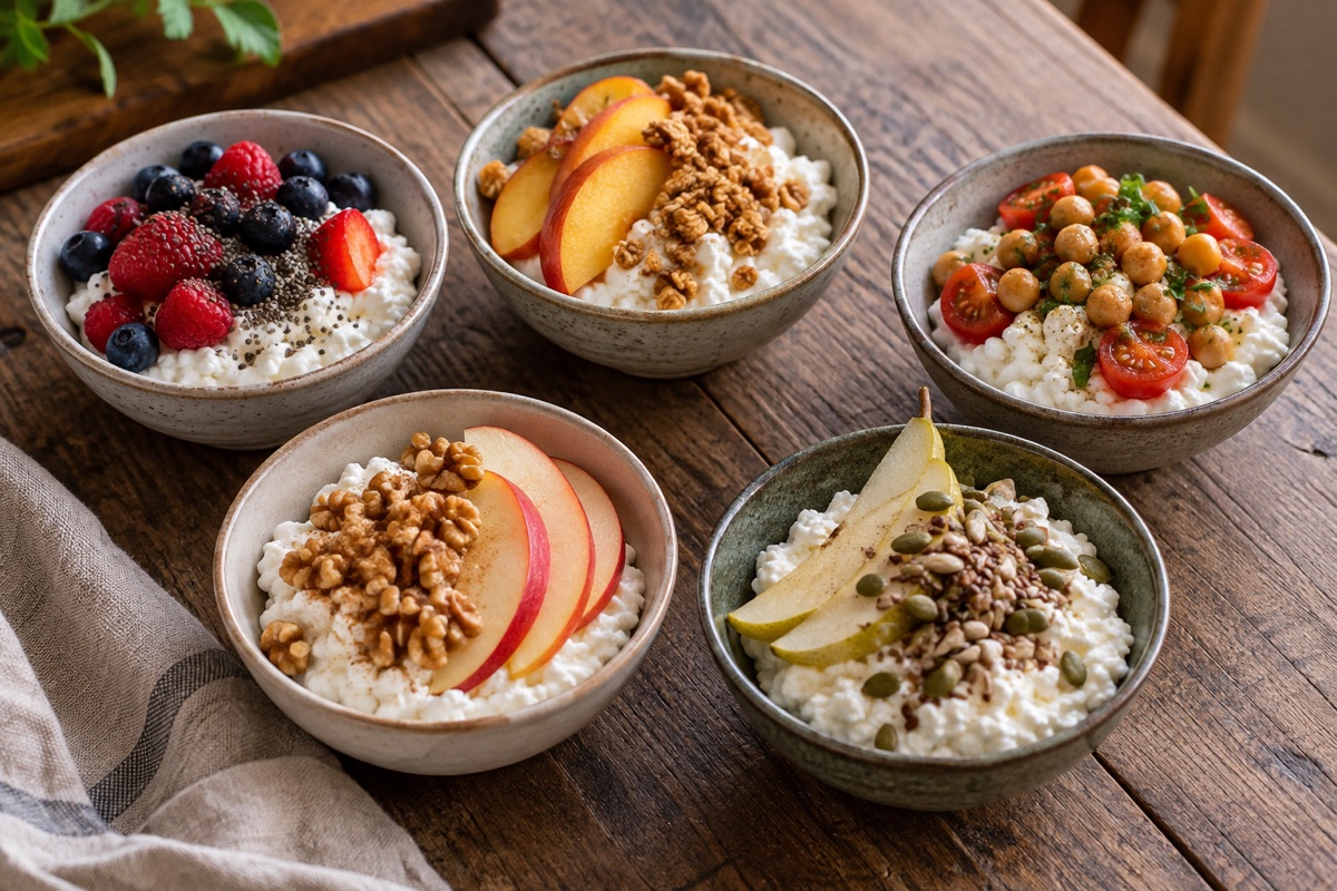 Five cottage cheese bowls with different toppings