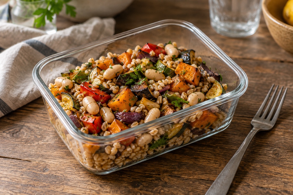 Glass container with farro, white beans and roasted vegetables