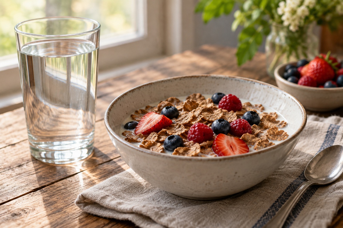 Glass of water beside a bowl of bran cereal