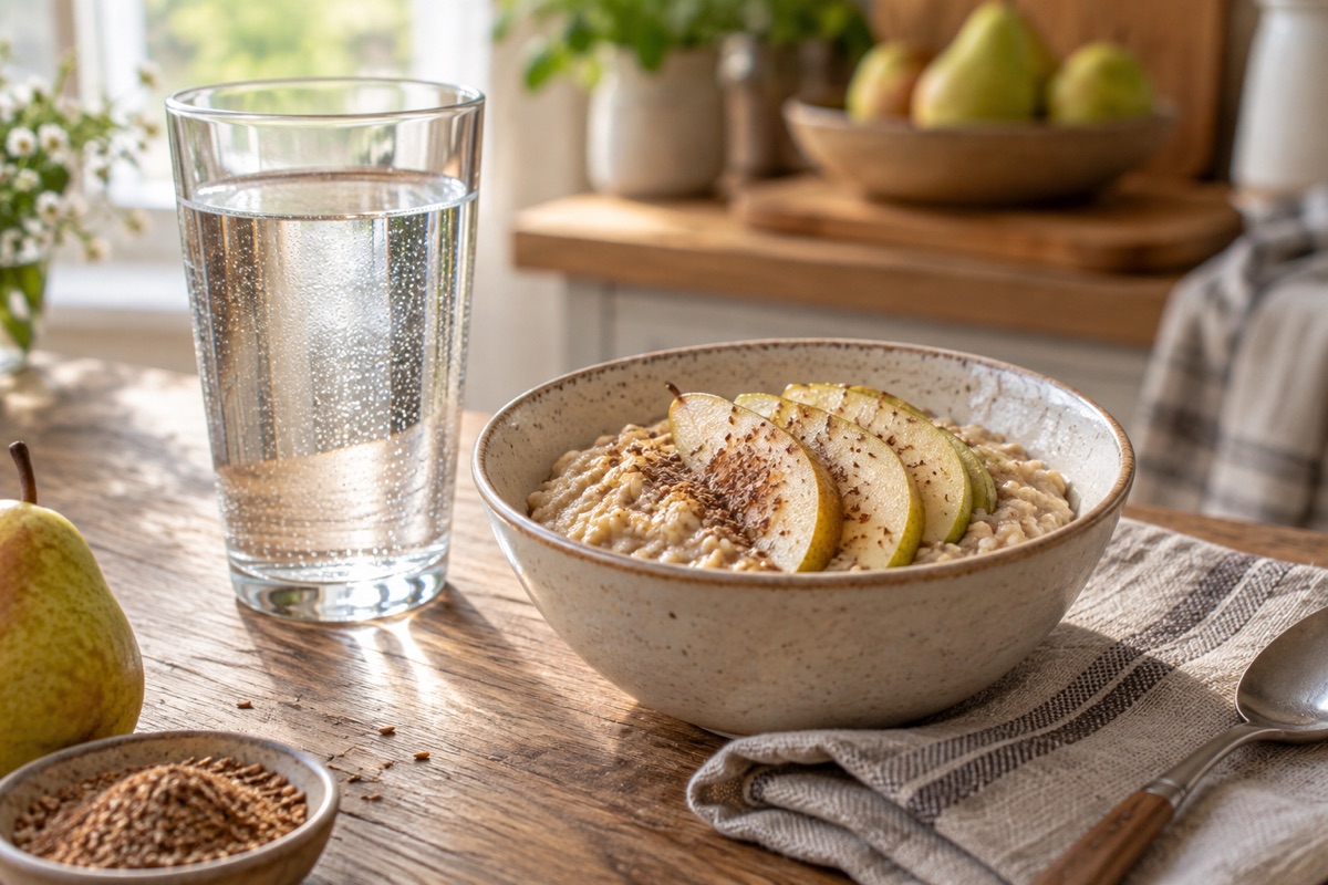 Glass of water next to oatmeal with pear and ground flaxseed
