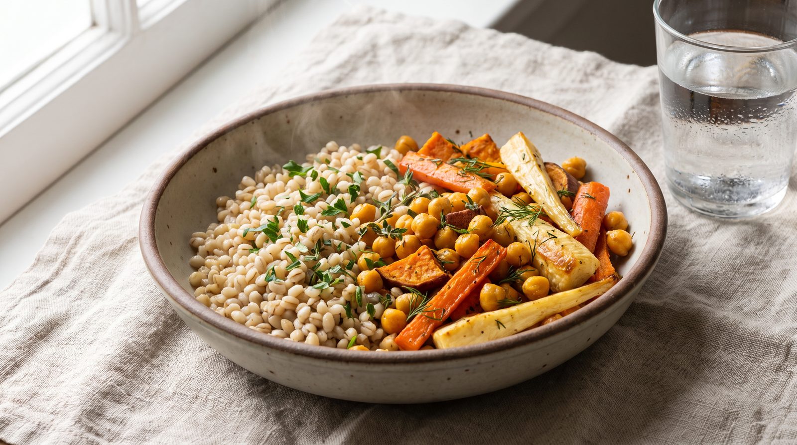 A bowl of cooked pearl barley with roasted vegetables and chickpeas, a source of fermentable fiber