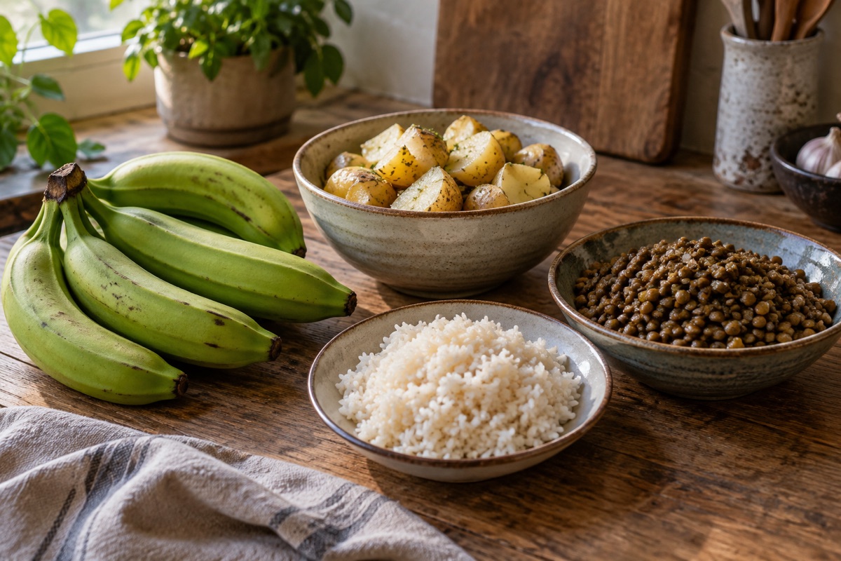Green bananas, cooled potatoes, rice and lentils