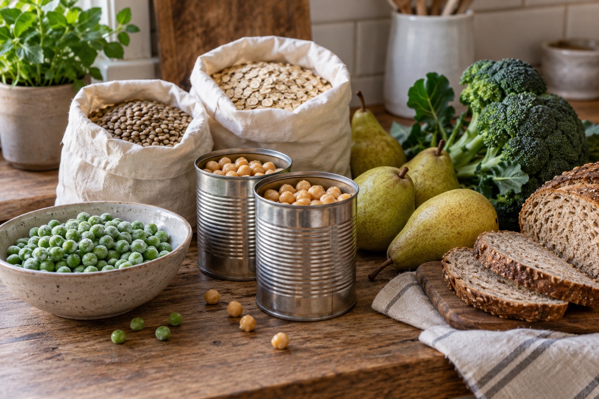 Groceries: chickpea tins, lentils, oats, frozen peas, pears and broccoli