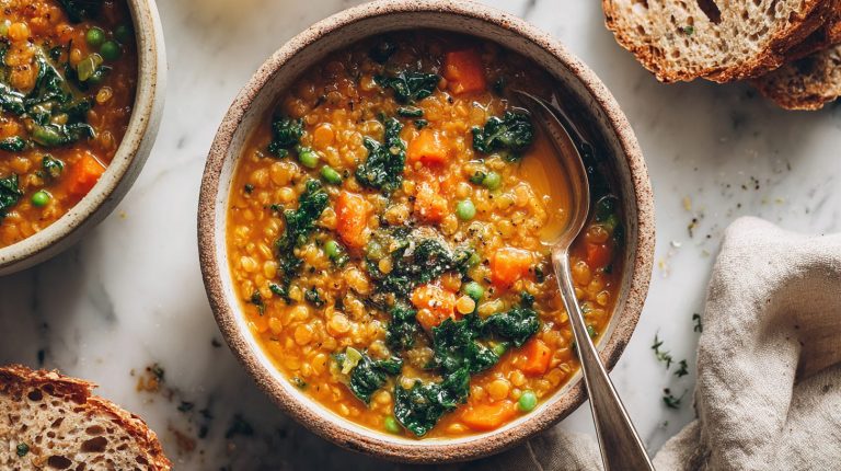 Bowl of thick high-fiber red lentil vegetable soup with peas, kale and carrots, 10g fiber a bowl
