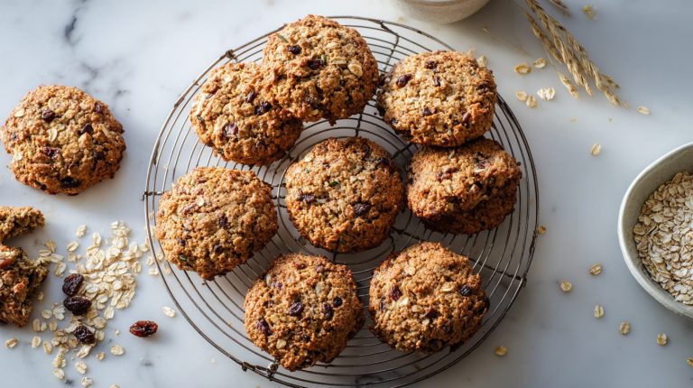 High-fiber oatmeal raisin walnut cookies cooling on a wire rack, 4.6g fiber each