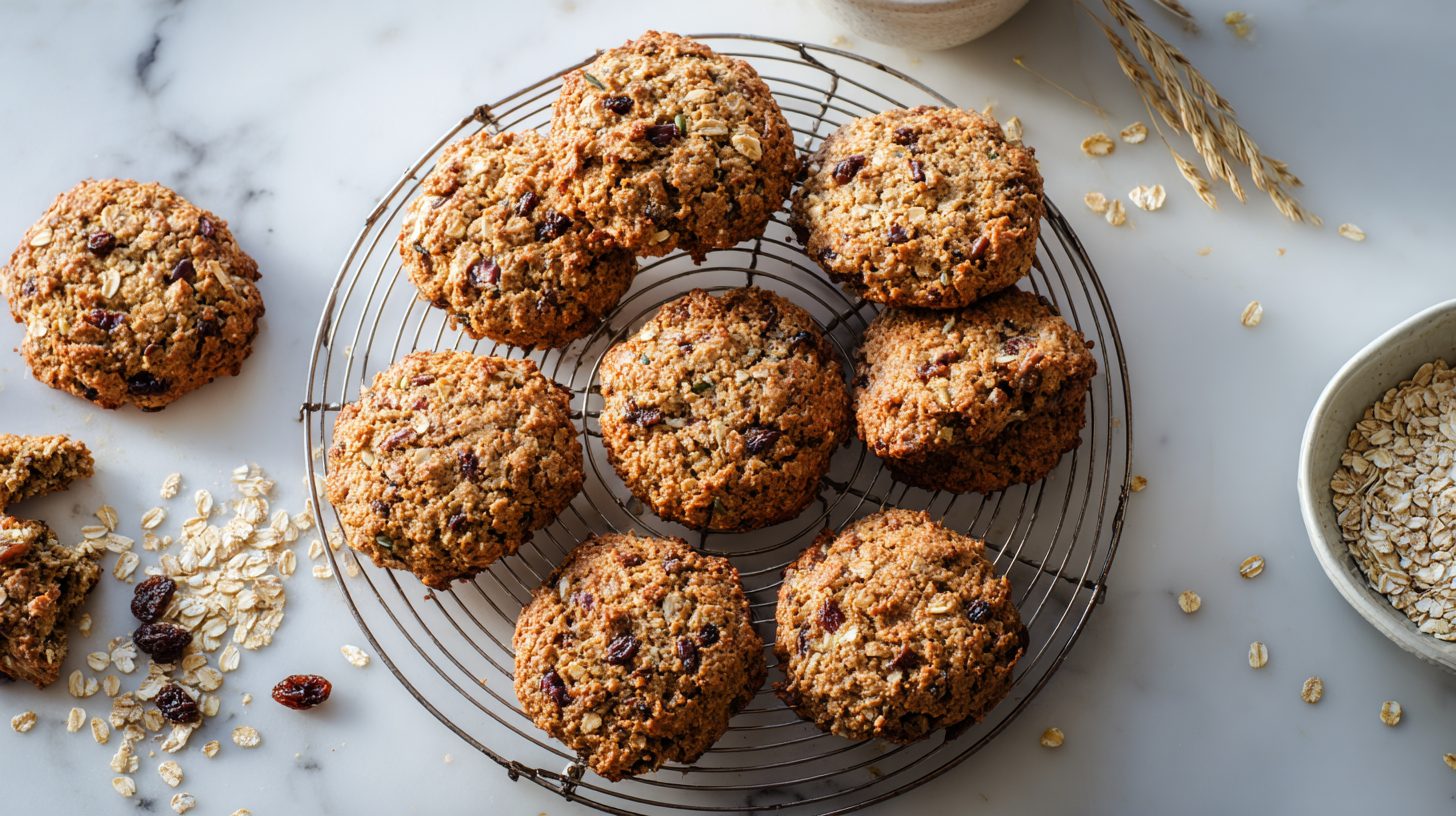 High-fiber oatmeal raisin walnut cookies cooling on a wire rack, 4.6g fiber each