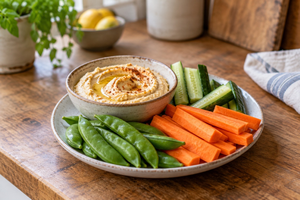 Hummus with carrot sticks and snap peas
