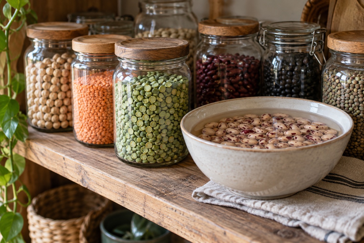 Jars of dried beans and lentils with beans soaking