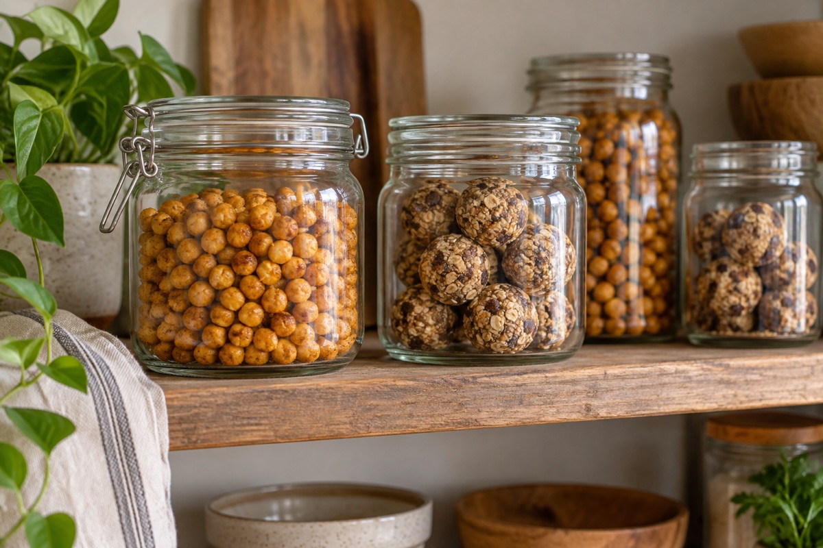 Jars of roasted chickpeas and oat energy balls