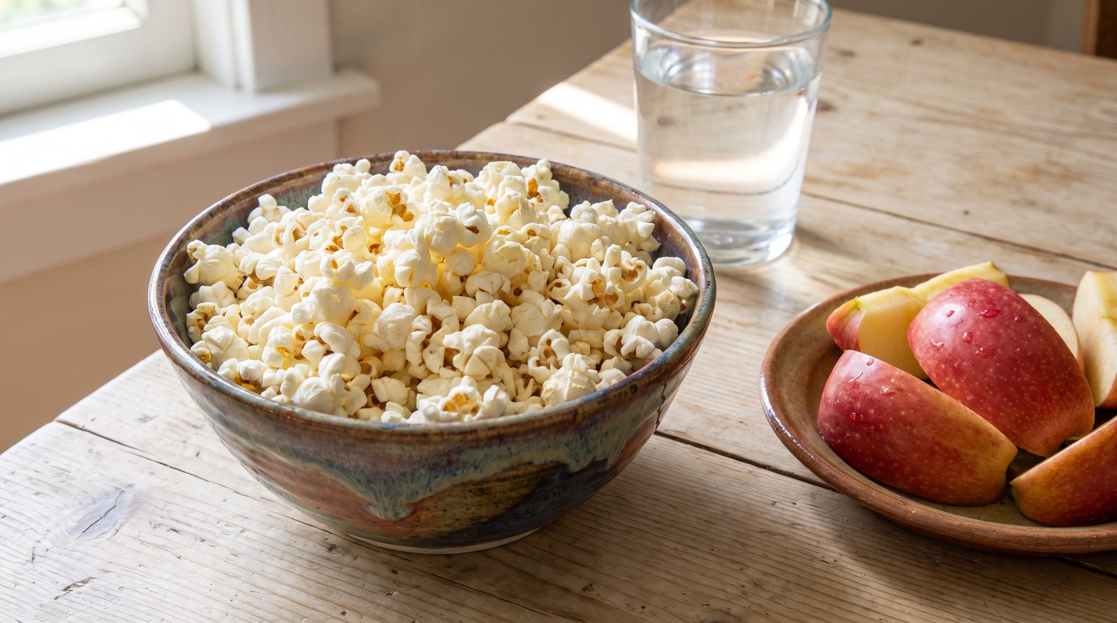 A child-sized bowl of air-popped popcorn beside apple slices with the skin left on