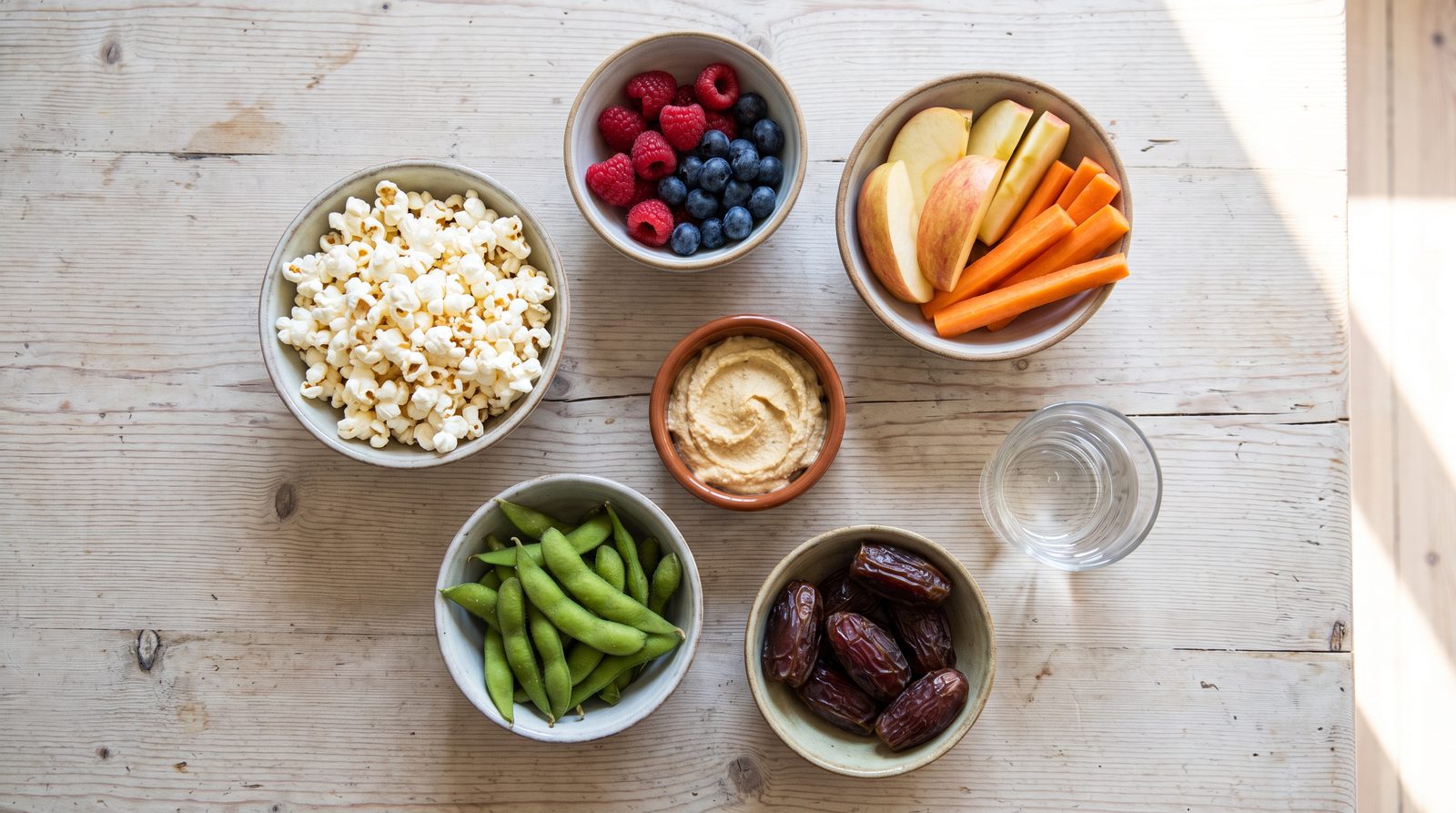A spread of high fiber snacks for kids: popcorn, apple slices, raspberries, edamame, carrot sticks with hummus and dates