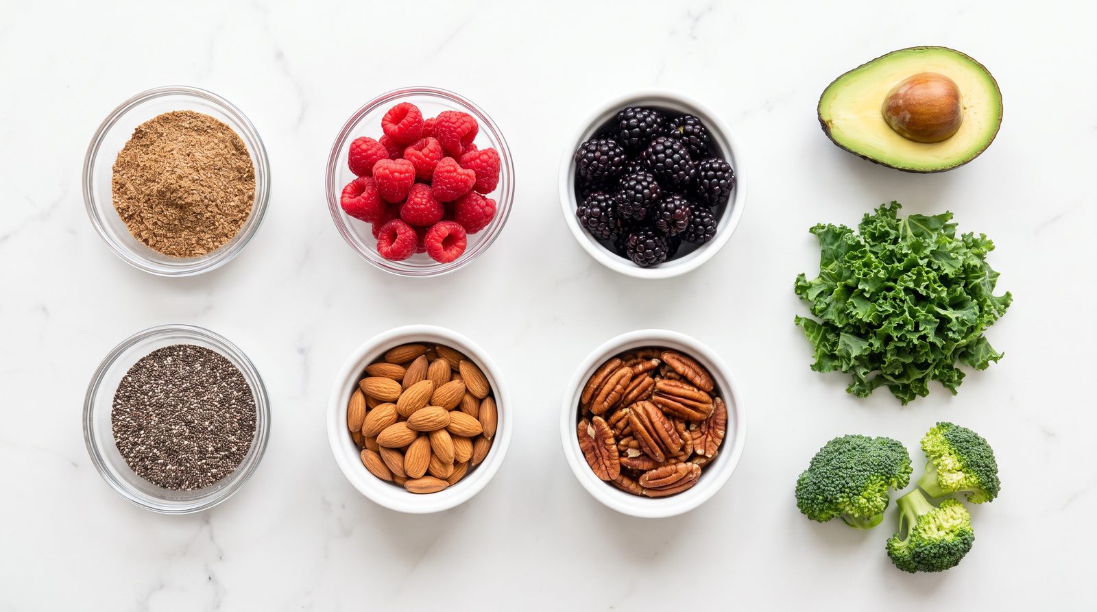 High fiber low carb foods arranged on a marble surface: ground flaxseed, chia seeds, avocado, raspberries, kale, broccoli, almonds and pecans