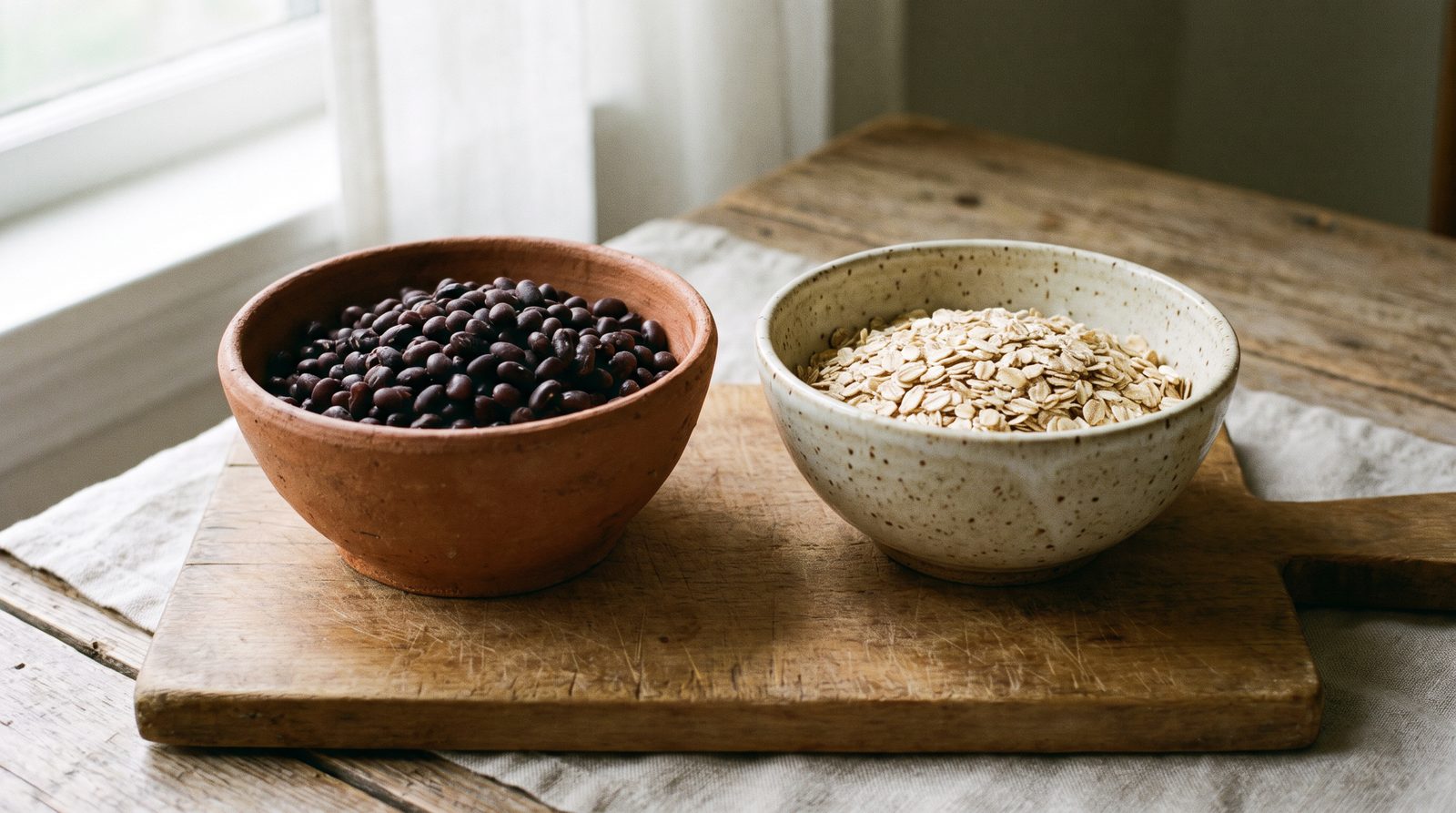 A bowl of black beans and a bowl of oats on a wooden board, both high in fiber but also high in carbohydrate