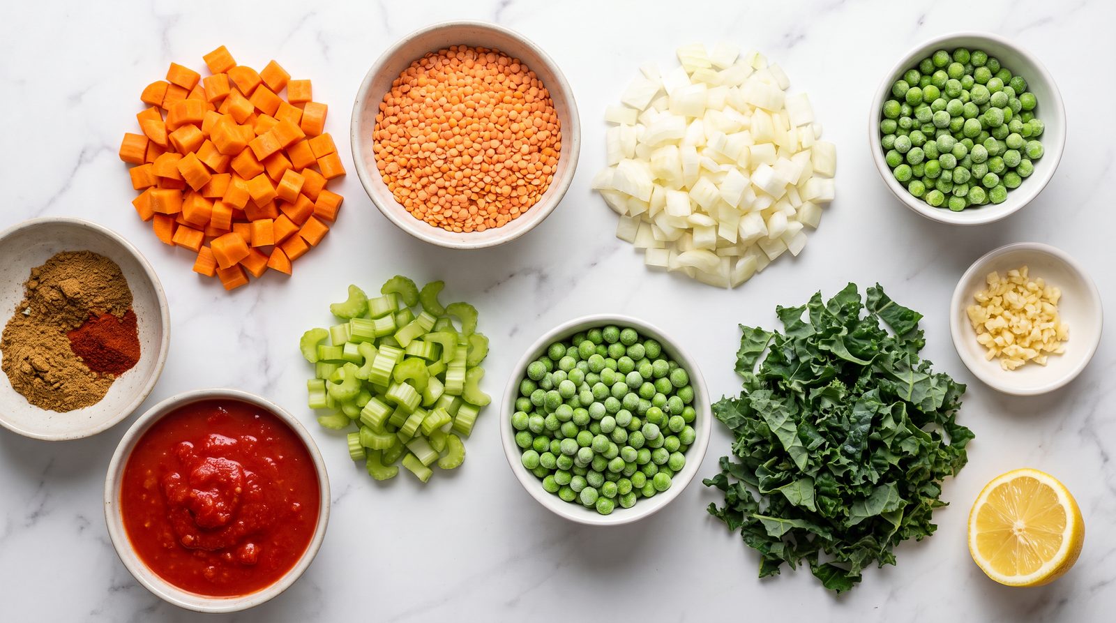 Prepped ingredients for high-fiber lentil vegetable soup: red lentils, carrots, celery, onion, peas, kale and crushed tomatoes