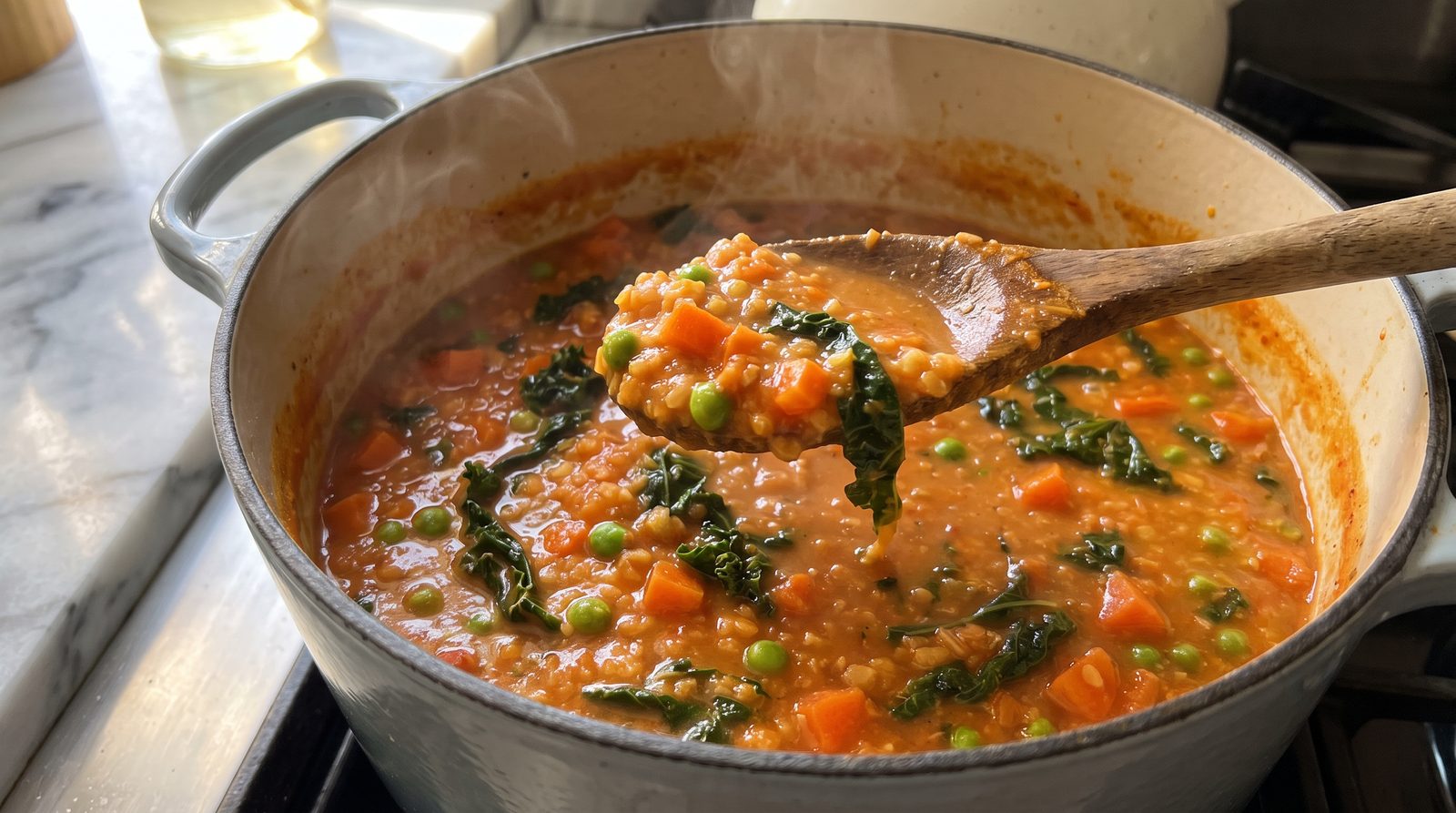 Red lentil vegetable soup simmering, the lentils dissolved into a thick creamy base with peas and kale stirred through