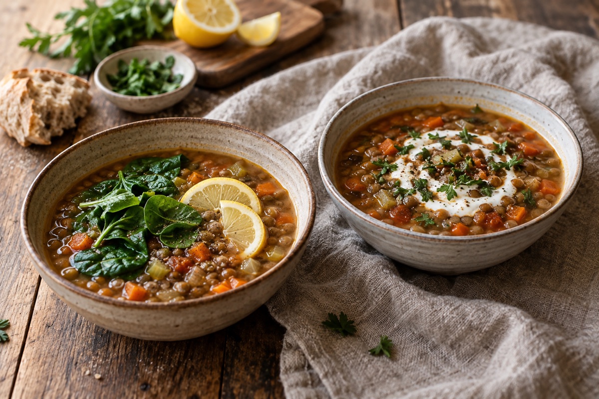 Lentil soup with spinach and lemon, and with yogurt