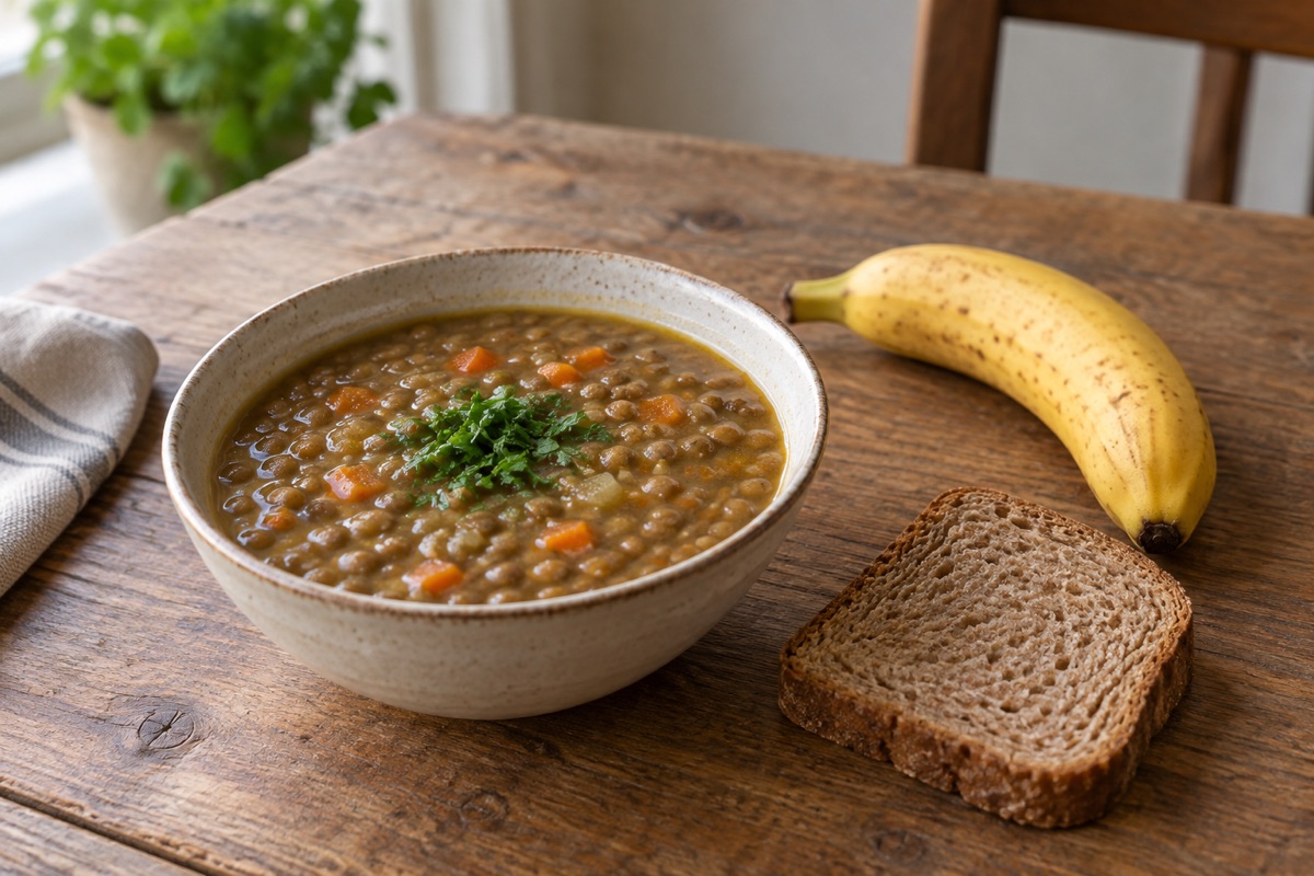 Lentil soup with whole-wheat bread and a banana