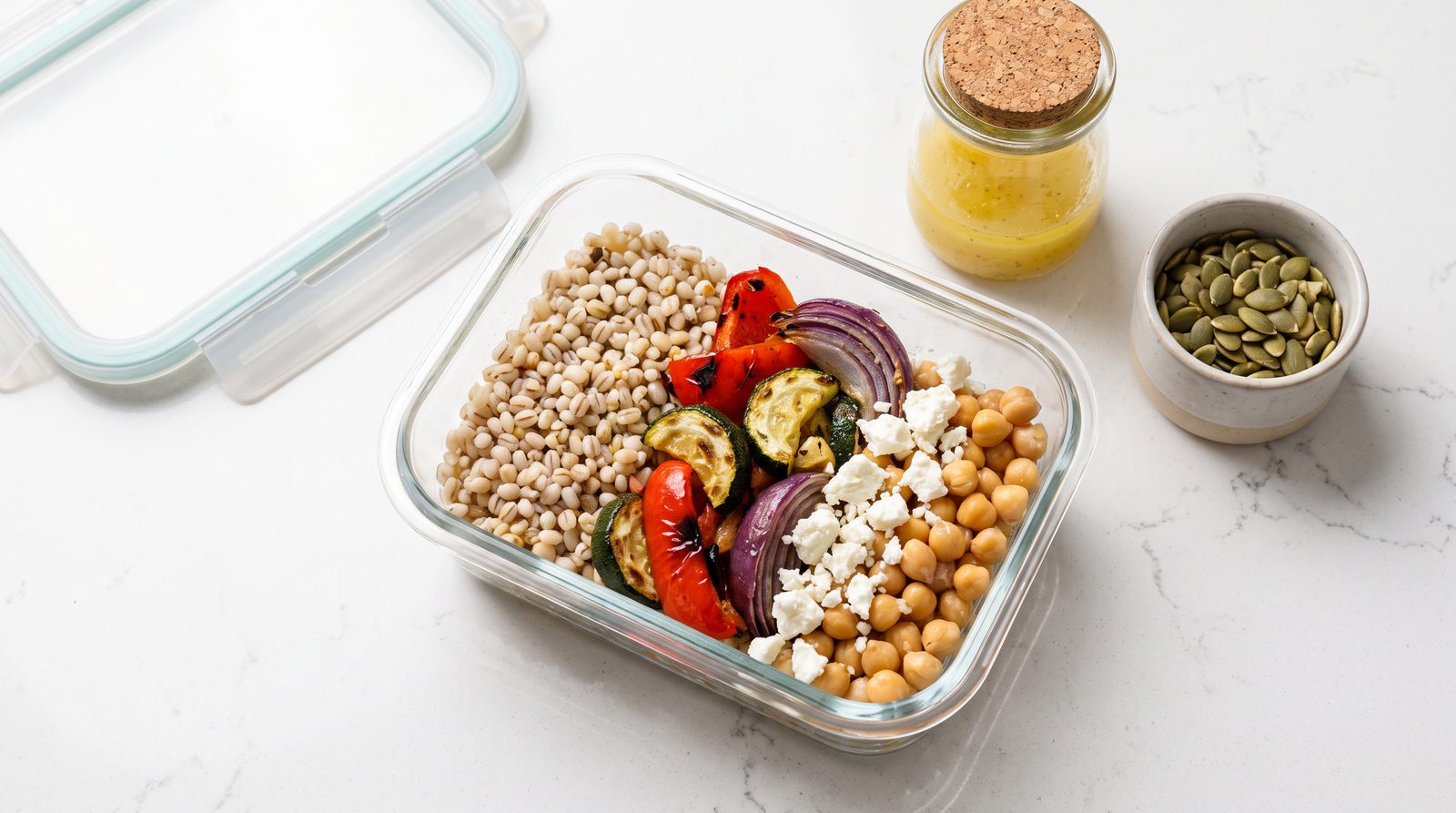 An assembled high fiber lunch box with barley, roasted vegetables, chickpeas, feta and a small jar of dressing on the side