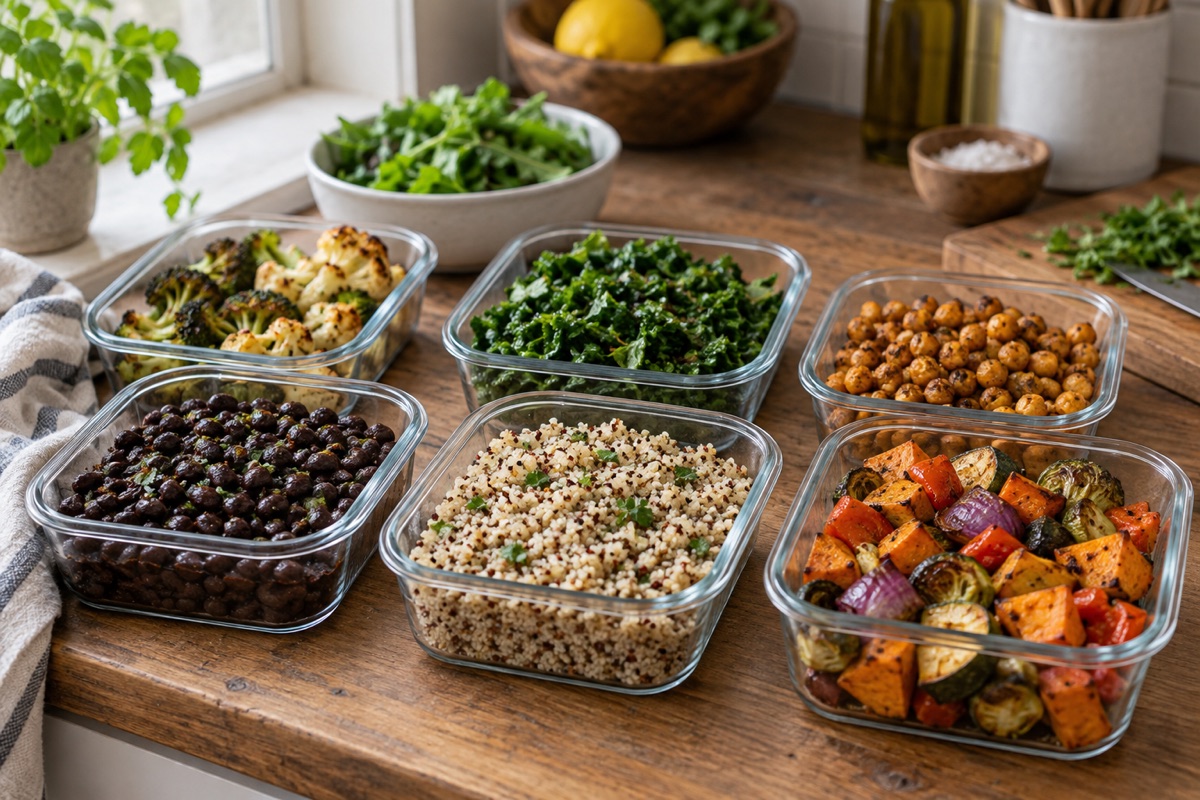 Meal prep containers with beans, quinoa and roasted vegetables